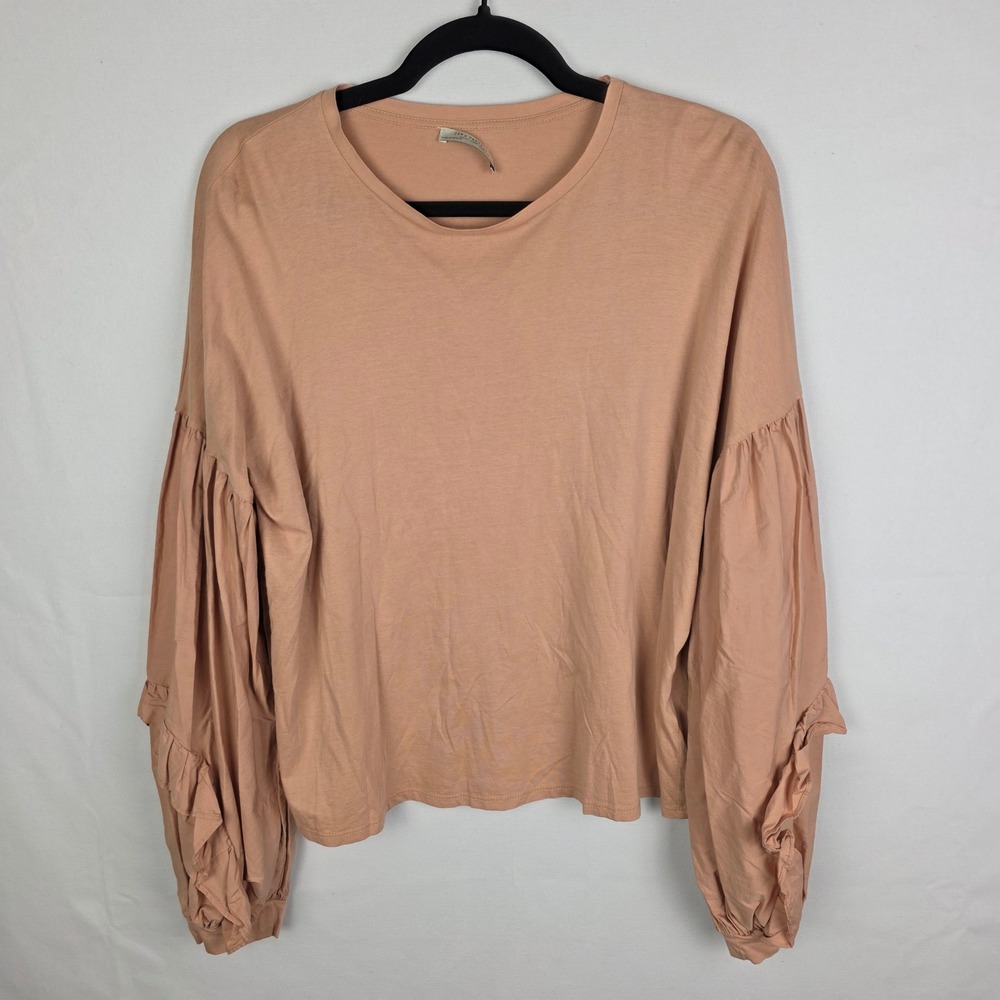 Zara Trafaluc Womens Ruffle Balloon Sleeve Cotton Top Peach Tan Small Autumn